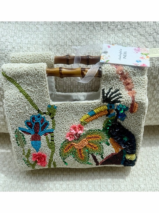 Handmade India Handbags - Toucan Beaded Bag Bamboo Handle Tropical Palm Floral Resort Coastal Anthro Style